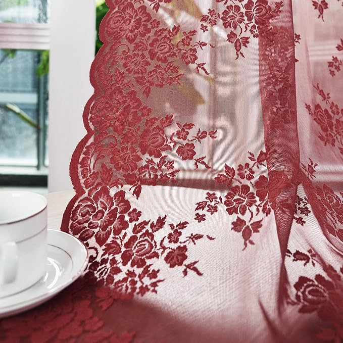Kotile Burgundy Short Lace Curtains 36 Inch Length 2 Panels Cottagecore Floral Maroon Lace Kitchen Curtains for Windows Over Sink, Rod Pocket Privacy Light Filtering Sheer Curtain Short, 42 x 36 Inch