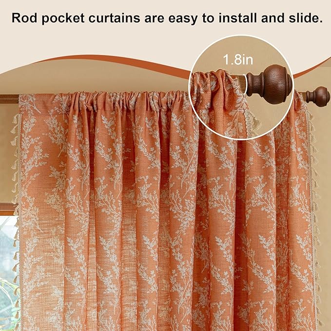 OYX Orange Curtains 96 Inch Length Boho Farmhouse Printed Floral Curtains for Bedroom 2 Panels, Burnt Semi Sheer Vintage Rustic Drapes for Living Room, Rod Pocket Tassel Decor Window Treatment
