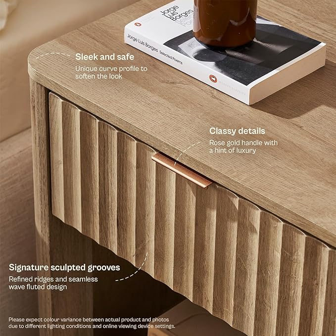 mopio Brooklyn Fluted Nightstand, Modern Farmhouse Nightstand, Small Side, Wood Bedside Table with Drawer, End Table with Storage, Fluted Night Stand, Curved Profile (Golden Oak, Single)