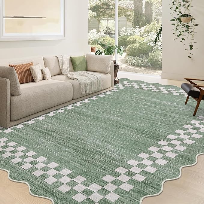 GarveeHome Area Rug 6x9 Large Living Room Modern Border Throw Rug with Rubber Backing Stain Resistant Dining Room Throw Carpet Washable Scalloped Rug for Bedroom Home Decor Office, Green
