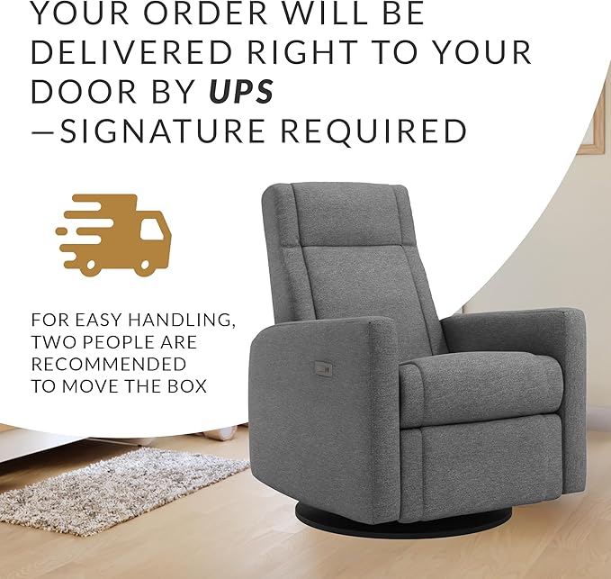 Jaymar Nelly Modern Nursery Chair Glider Recliner with 180° Swivel - Cozy Motorized Reclining Nursing Chair with USB Ports, Gentle Motion, Hybrid Memory Foam, Lumbar Support (Charcoal/Nexus Fabric)