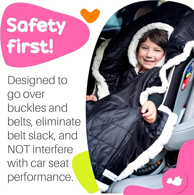 Birdy Boutique Car Seat Poncho for Kids – Reversible Warm Blanket with Hoodie – Safe to Use Over Seat Belts – Easy On, Easy Off, and Doesn’t Impact Seat Performance - Black – One Size