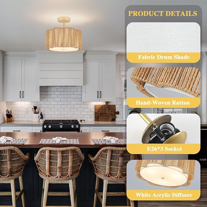 Rattan Semi Flush Mount Ceiling Light, 3-Light Boho Ceiling Lights, Modern Hand-Woven Rattan Boho Light Fixture for Bedroom Living Room Kitchen Hallway and Entryway (Yellow)