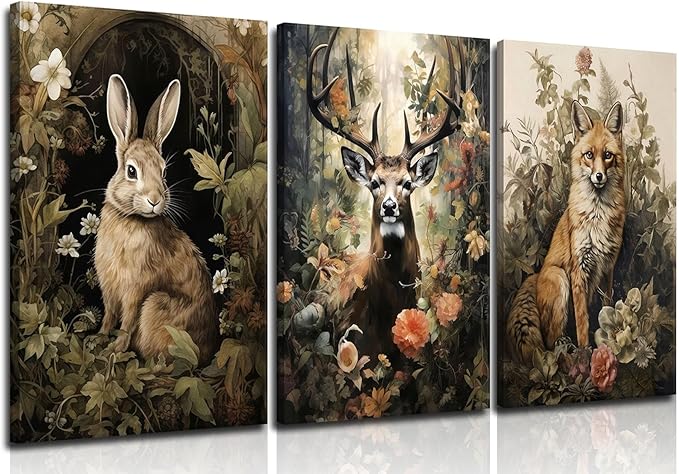 3pcs Vintage Forest Animal Canvas Wall Art Wild Animal Deer Rabbit Fox Paintings Pictures Dark Academia Wall Decor Gothic Botanical Posters Print Artwork for Living Room Office Decor 16x24in
