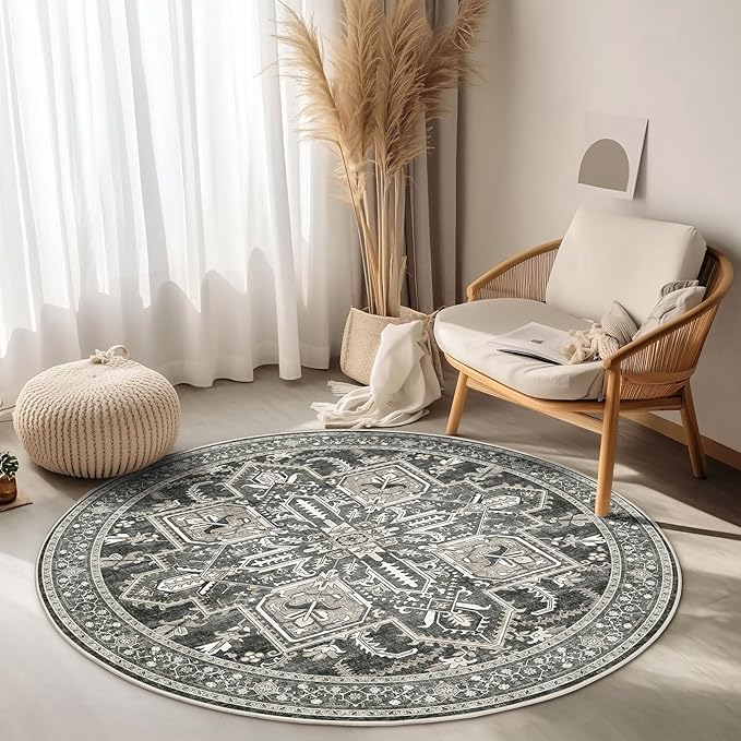 WITSHOCK Area Rug Round Rugs, 4Ft Oriental Circle Area Rugs for Living Room Machine Washable Non Slip Stain Backing Rug Soft Foldable, Vintage Rugs Home Office Kitchen Hallway Bedroom, Bitter Black