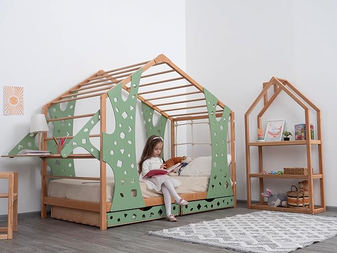 BUSY WOOD Monkey Bed – Twin Frame with Storage & Desk – Montessori Indoor Playground – Jungle Gym Furniture for Kids – Toddler Sleeping Frame with Drawers & Removable Table