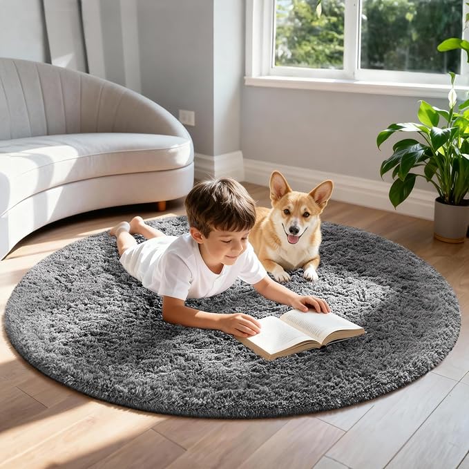 Ophanie Round Rugs 5Ft Grey Circle Area Rug, Fluffy Fuzzy Bedroom Carpet, Plush Soft Shaggy Indoor Floor Gray Living Room Rugs for Kids Home Decor Aesthetic, Nursery