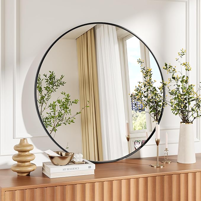 Round Mirror, 32 inch Circle Mirror, HD Eco-Friendly Round Bathroom Mirror for Over Sink, Big Matte Black Metal Framed Wall Mirror for Wall, Vanity, Entryway, Hallway, Living Room, Easy to Install