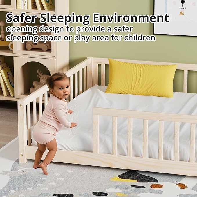 LLS Full Floor Bed for Kids Toddlers, Solid Wood Multifunctional Montessori Bed Frame with Safety Guardrails, Without Door, Easy Assemble, Natural