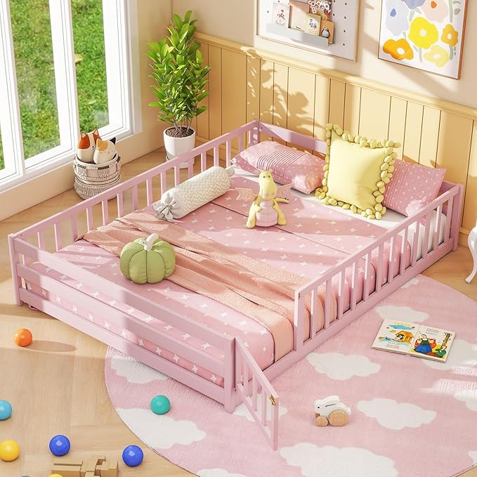 Giantex Full Floor Bed with Door & Fence, Kids Wood Montessori Beds with Safety Guardrails, Floor Bed Twin for Kids, Boys, Girls, No Box Spring Needed, Pink