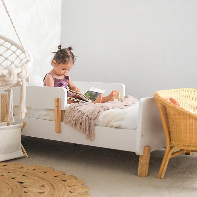 Dadada Muse Toddler Bed with 2 Removable Safety Rails. Low Profile Montessori Bed for Kids. Sturdy Solid Wood Frame, Fits Standard Crib Mattress, Easy to Assemble, Toddler Bed for Boys & Girls - White