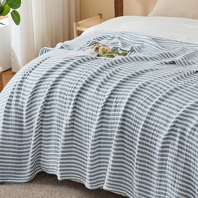 EMME Cotton Muslin Queen Blanket Bed Layering Bedspread Coverlet Breathable Gauze Soft Lightweight Adults (Striped Teal, 90"x90")
