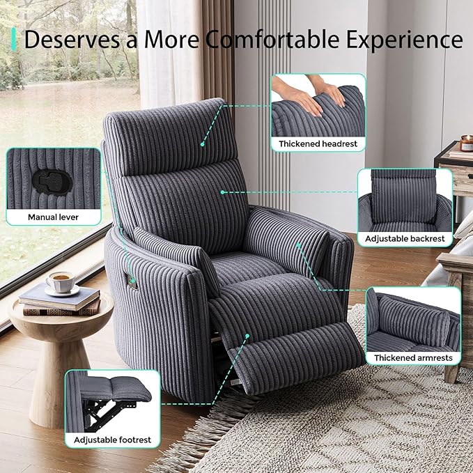 LINSY 360 Swivel Nursery Recliner - Corduroy Glider Rocking Chair with 2 Pillows, Comfy High Back Adult Recliner for Small Spaces, Nursery Bedroom Living Room Reclining Chairs, Gray