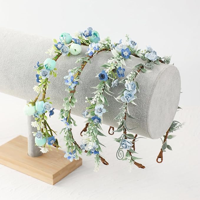 Flower Crowns for Women Girls - Handmade Fairy Wreath Renaissance Garland Bridal Cosplay DIY Halloween Christmas Maternity Shoot Vacation Photography Props Shower Blue Rose