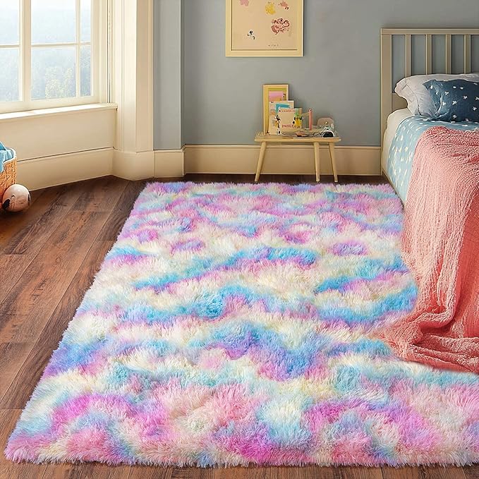 Rainbow Rug for Living Room, 9x12 Area Rug for Cute Girls Room, Bedside Indoor Floor Fluffy Shag Carpet, Plush Soft Rug for Bedroom Nursery Dorm Home Decor