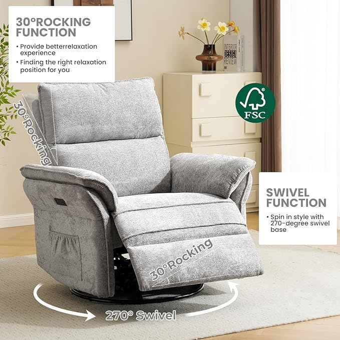 Oversized Power Recliner Chair Swivel Glider with Massage and Heat, Rocker Nursery Recliner for Adults with Adjustable Headrest, 26" Extra Wide Nursery Chair with Overstuffed Armrest,Light Grey