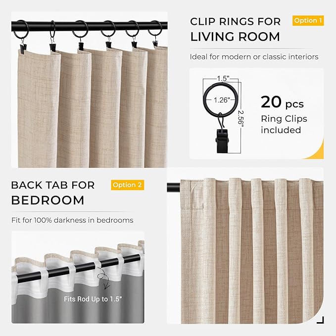 INOVADAY 100% Blackout Curtains for Bedroom, Black Out Curtains 120 Inch Long, Clip Rings Blackout Drapes, Thermal Insulated Room Darkening for Living Room, 2 Panels - Oatmeal,W50xL120