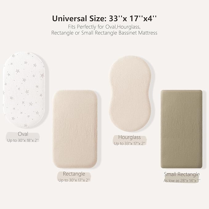 Bearmoss Bassinet Sheets - 2 Pack Muslin Cotton Bassinet Sheets Fits Oval and Rectangle Bassinet Mattress, Breathable and Skin-Friendly for Baby Boy and Girl (Pale Grey&Sand Beige)