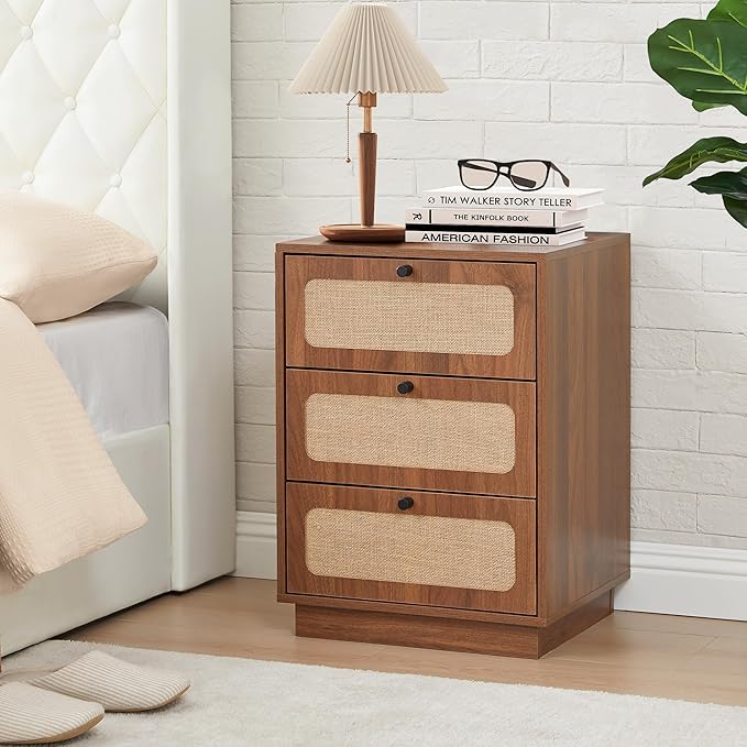 16" Nightstand with 3 Drawer, Mid-Century Wood Night Stand Storage with Linen Decor, Farmhouse Small Side Table for Sofa Couch, End Table for Bedside Bedroom, Living Room (Walnut)
