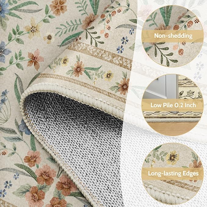 Beige Floral Area Rug6x9,Neutral Washable Girls Bedroom Rug for Nursery, Playroom or Kids Room,Soft Non-Slip Carpet for Baby Room and Modern Home Decor