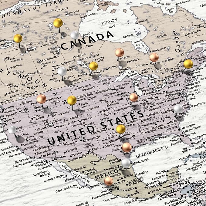 ElephantStock - Personalized Leave A Trail Iii Push Pin World Map Wall Art - Horizontal Canvas Wall Art - Living Room Wall Decor - Digital Art Map Canvas Art - White And Gray Decor - 39" x 26"
