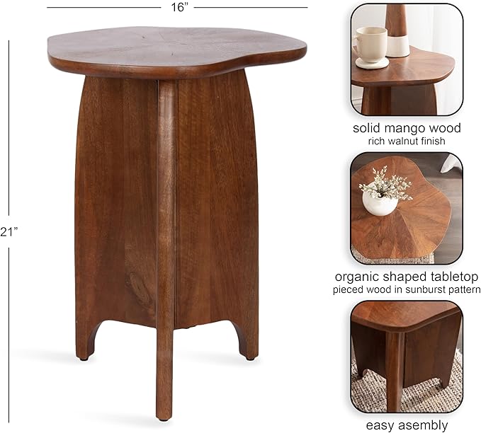Kate and Laurel Kanna Modern Wavy Pieced Mango Wood Round Side Table, 16 x 16 x 21, Walnut Brown, Mid-Century Scalloped Wooden End Table for Bedroom Nightstand or Living Room Plant Stand Indoors