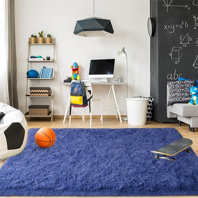 Merelax Modern Soft Fluffy Large Shaggy Rug for Bedroom Livingroom Dorm Kids Room Indoor Home Decorative, Non-Slip Plush Furry Fur Area Rugs Comfy Nursery Accent Floor Carpet 4'x6' Light Navy