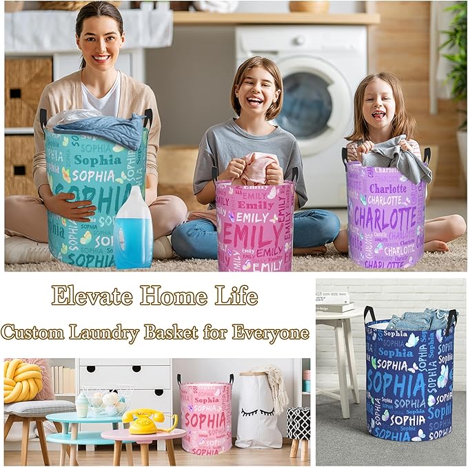 Custom Name Laundry Hamper, Personalized Laundry Basket with Name for Laundry Room Dorm Bedroom, Customized Name Dirty Clothes Hamper with Handles for Clothes Toy Boys Girls Men Women