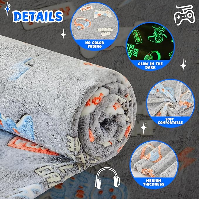 inhand Glow in The Dark Blanket Gamer Gifts for Boys Controller Kids Throw Gaming Blanket Gamer Toys for Kids Boys Game Gamepad Presents Birthday Easter Halloween （Grey 50"x60"）