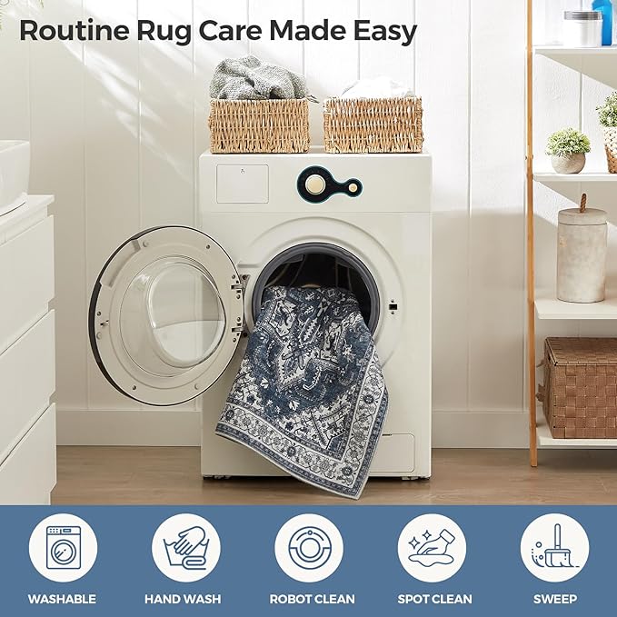 WITSHOCK Living Room Area Rugs 8Ft: Washable Rug Boho Soft Non-Slip Low Pile Stain Resistant Foldable Carpet for Bedroom Playroom Dining Room Office Kitchen Farmhouse Home Decor Rug-Blue