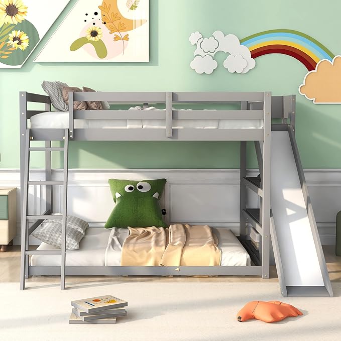 Full Over Full Bunk Bed with Ladder, Wooden Bunk Bed Frame with Slide and Shelves, Low Bunk Bed for Kids Teens Adult, Space-Saving Bedroom Dormitory Furniture (Gray + Pine-05)