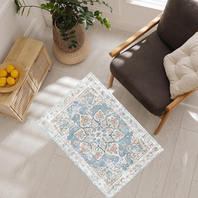Vhong Washable Area Rugs Boho Vintage Neutral Modern Pale Blue 2x3 Non Slip Small Carpet for Hallway Bathroom Entryway