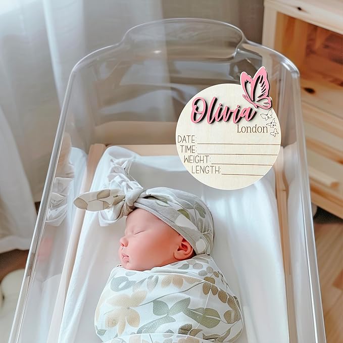 Personalized 3D Butterfly Birth Announcement Sign, Wooden Name sign, Hospital Photo prop Baby Name Reveal (Butterfly Right (3 engraved))