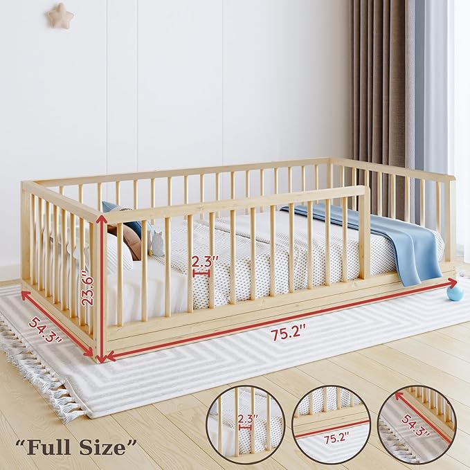 Montessori Slatted Floor Bed for Boys and Girls | Slatted Bed with Natural Solid Pine Frame | Sturdy Designed Floor Bed for Children (Full)