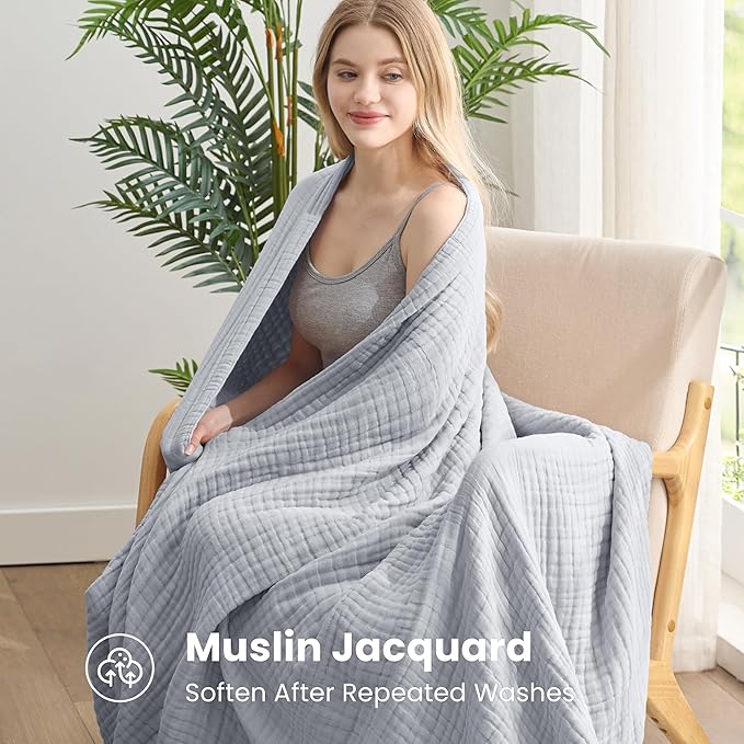 Love's cabin 6 Layer 100% Cotton Muslin Blanket, 90"x90" Muslin Blanket Queen for Couch Bed, Lightweight and Breathable Cotton Gauze for Adult, Light Grey