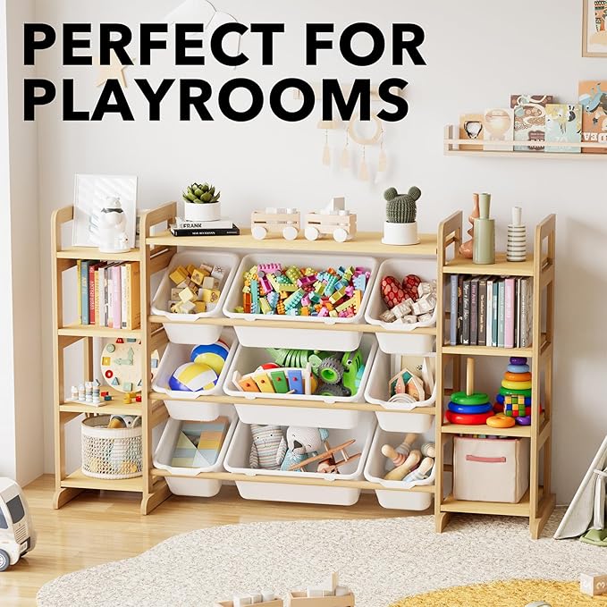 SpaceAid Large Toy Storage Organizer 9 Shelves 9 Bins, Toy Organizers Storage Bookshelf, Kids Bin Shelf Toys Box Bookcase for Bedroom Playroom Organization Room Decor, White