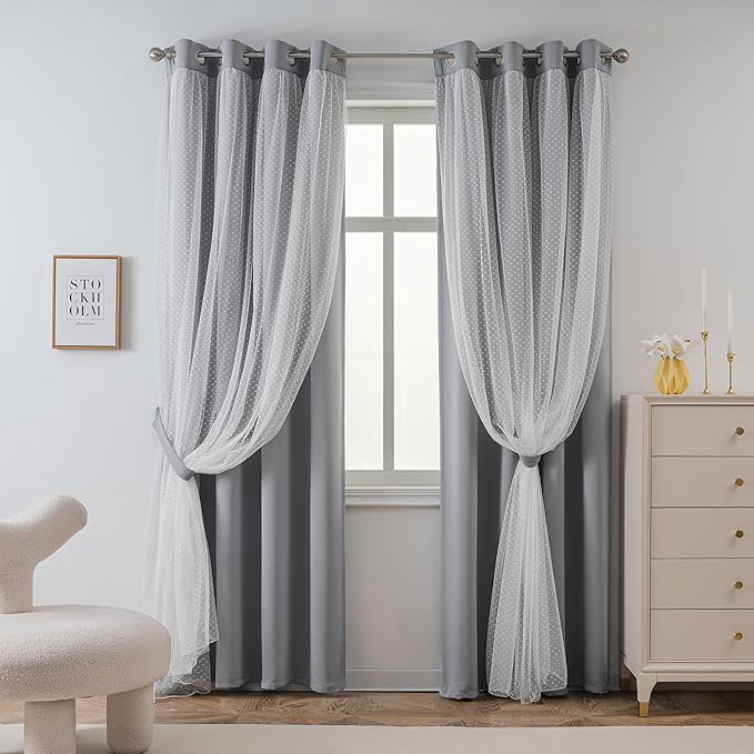 MYSKY HOME 70% Blackout Curtains for Girls Bedroom & Nursery Kids Grey Cute Curtains Double Layer with Polka Dots Sheer, Grommet Tops, 52x84 Inch Each Panel, 2 Panels