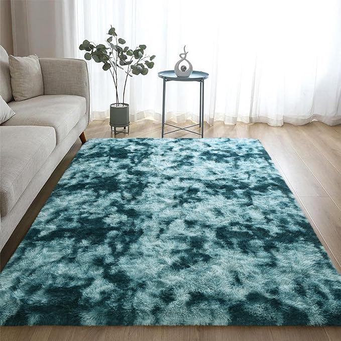 DweIke Fluffy Peacock Blue Rugs for Bedroom Living Room, 4x6 Feet Soft Plush Shaggy Tie-Dyed Teal Blue Girls Boys Kids Rug, Upgraded Non-Slip and Machine Washable Carpet for Dorm Nursery Decor