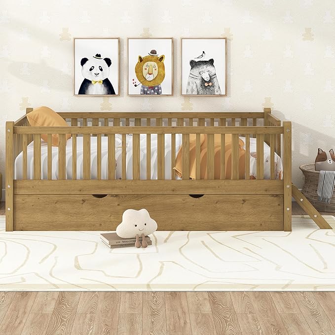Twin Size Platform Bed with Guardrail and Trundle, Wood Kids Platform Bed Frame with Two-Step Ladder for Boys Girls, Sturdy Slats Support (Walnut-1.26T)
