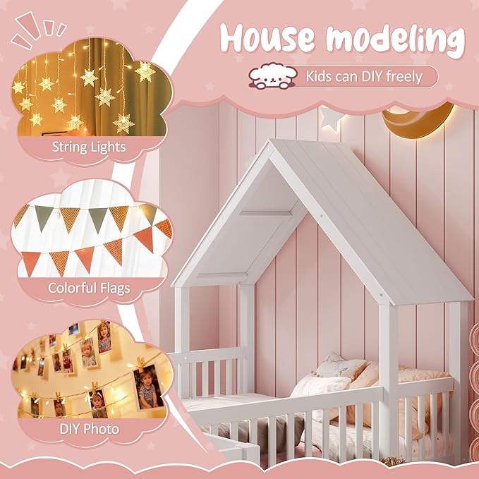 Harper & Bright Designs Full Size House Shaped Double Floor Bed with Door and Full-Length Guardrails, Solid Wood Kids Montessori Floor Bed for Girls Boys, Multi-Function, White