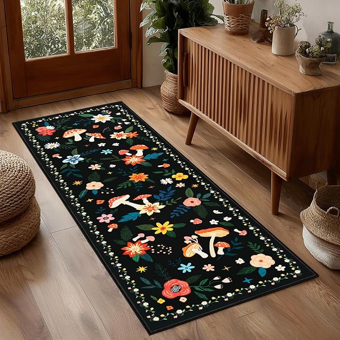 2x6 Machine Washable Kitchen Runner Rug, Non-Slip Vintage Floral Hallway Rug, Low Pile Carpet Runners for Laundry Room, Entryway, Bedroom & Kitchen(2x6 Black Mushroom)