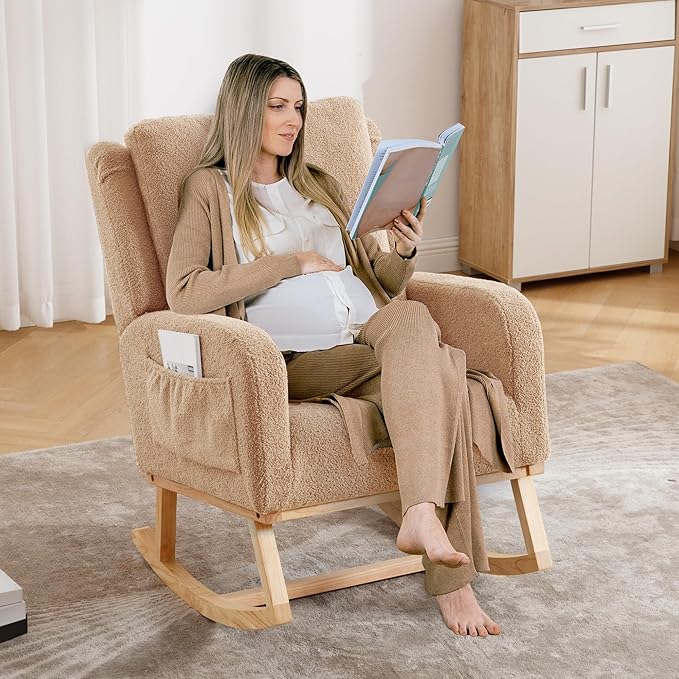 Rocking Chair Nursery, Nursing Rocking Chairs, Upholstered Nursery Glider Rocker Wingback Morden Rocking Chair with Lumbar Pillow for Mom Nursery, Living Room, Bedroom, Teddy Khaki