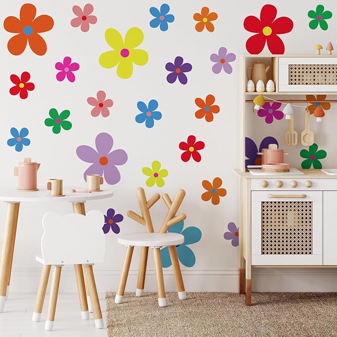 TaoBary 12 Sheets Daisy Wall Decal Flower Wall Sticker Cute Daisy Sticker Pink White Flower Decal Peel and Stick Floral Wallpaper for Nursery Bedroom Home Decor(Vivid Color,Exquisite Style)