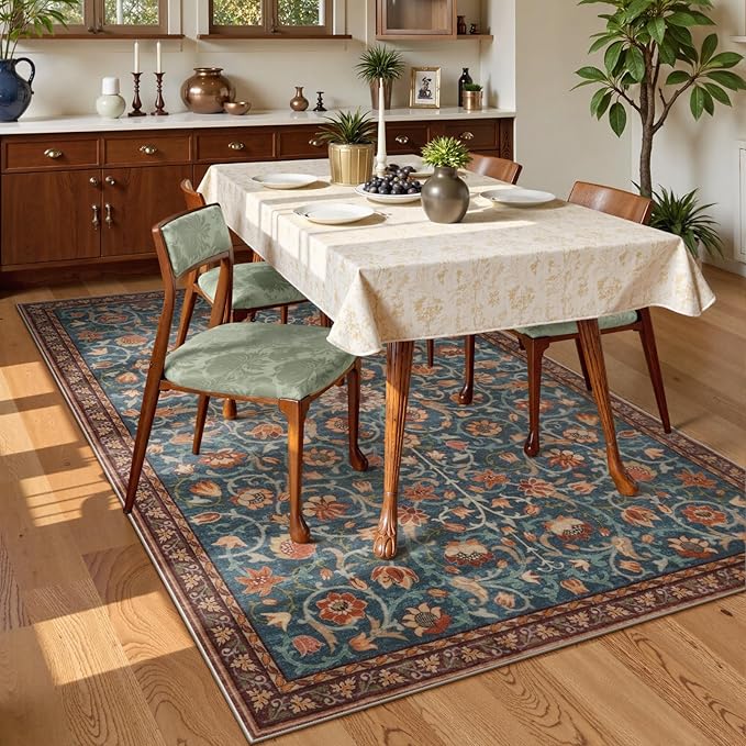 Anidaroel Floral Living Room Rugs 5x7, Washable Large Area Rugs for Bedroom Non Slip Soft Rug, Low Pile Stain-Resistant Dining Room Mat Boho Carpet for Farmhouse Home Office Dorm, Blue&Red