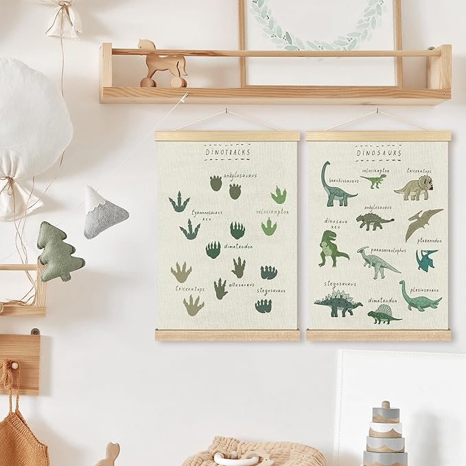BCUANGD Dinosaur Dino Paws Wall Decor - Baby Toddler Boys Room Wall Art Poster Hanger with Wood Frames, Inspirational Hanging Canvas Decor for Kids Room Playroom Nursery Bedroom, 16x24 Inches