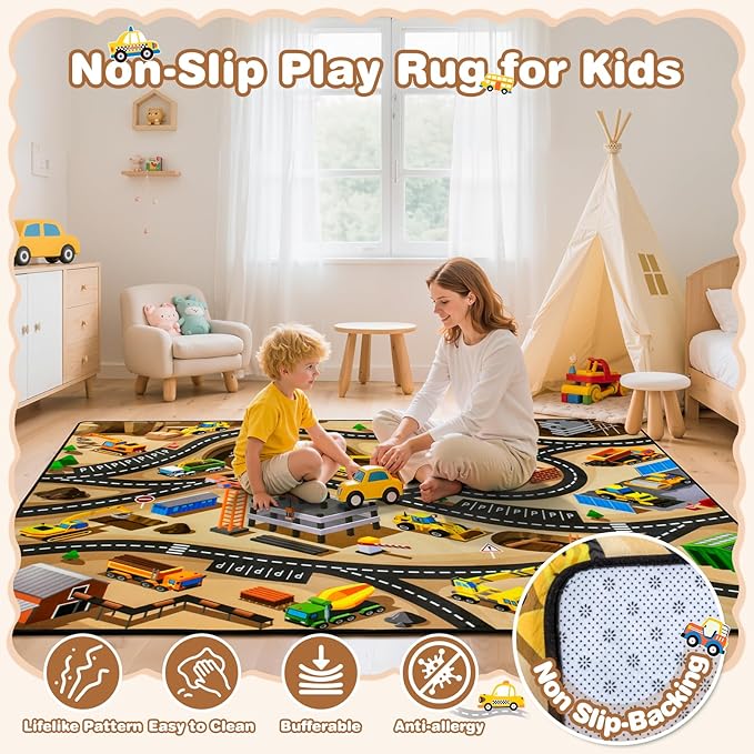 Kids 5x7 FT Construction Site Car Rug - Extra Thick (0.4in),Tufted Wool & Rubber, Non-Slip, Stain & Fade Resistant, Machine Washable, Rustic Cartoon Construction Site Pattern