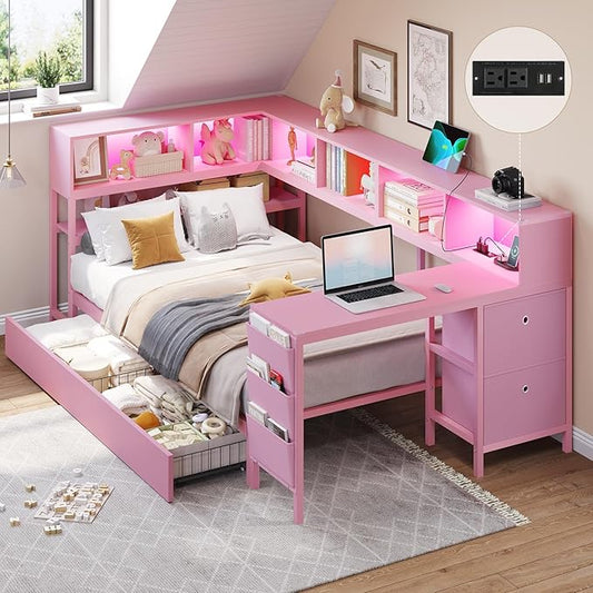 DICTAC Corner Twin Bed Frame with Desk,Charging Station and Bookcase Storage Pink Bed Frame for Girls with Storage Drawers and Led Lights Twin Size Daybed with Open Shelves,No Box Spring Needed
