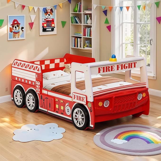 Bed Frames for Kids Fire Truck-Shaped Wooden Platform Bed Frame with LED Lights, Bed Platform with Wood Slat Support, Twin Size Chidren Bed Frame of Car Design,Fits Standard Twin Mattres(Red)