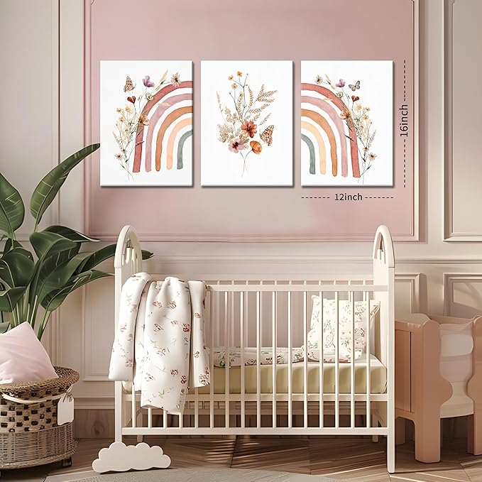 AKWISH Boho Rainbow Wall Art for Girls Room - Set of 3 Framed Wildflower Canvas Prints for Nursery, Baby Girl Room, Kids or Dorm Decor - Soft Pastel Botanical Bohemian Wall Decor 12x16in