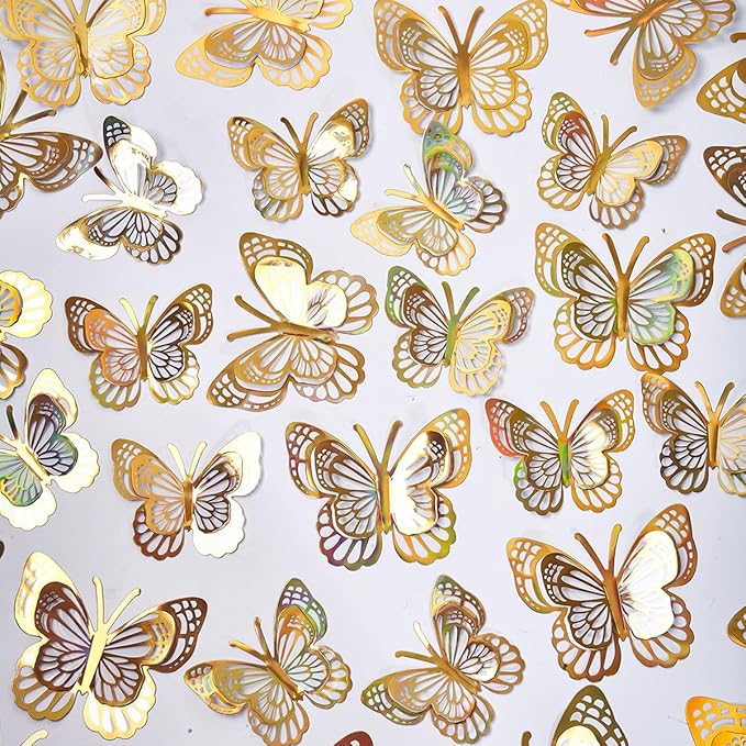 36PCS Butterfly Wall Decals - Gold Butterfly Stickers Mural Wall Decor Home Decor Kids Room Bedroom Decor Living Room Decor, Removable Reusable Stickers